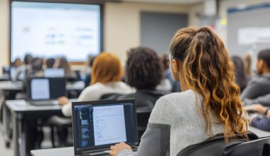 Students work on laptops in a classroom as artificial intelligence and digital learning tools are presented on a screen at the front of the room.
