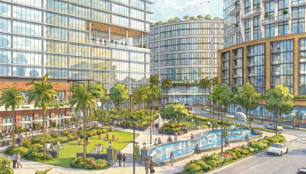 Rendering of the proposed mixed-use redevelopment at Stetson University's Tampa Law Center site, showing a new law center surrounded by residential, office, retail and public green space.