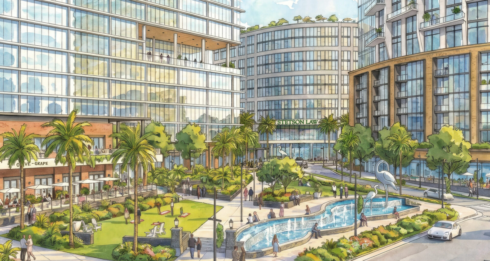 Rendering of the proposed mixed-use redevelopment at Stetson University's Tampa Law Center site, showing a new law center surrounded by residential, office, retail and public green space.