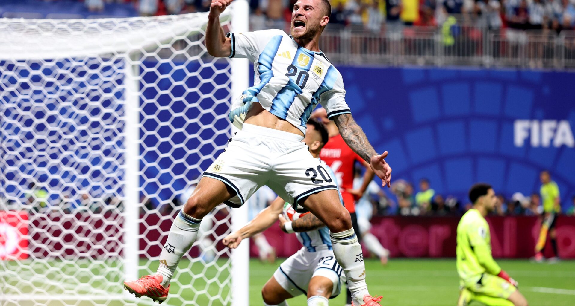 Alexis Mac Allister #20 of Argentina celebrates after the team's second goal by Lionel Messi #10 during the FIFA World Cup 2026 Round of 16 match between Argentina and Egypt at Atlanta Stadium on July 07, 2026 in Atlanta, Georgia.