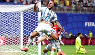 Alexis Mac Allister #20 of Argentina celebrates after the team's second goal by Lionel Messi #10 during the FIFA World Cup 2026 Round of 16 match between Argentina and Egypt at Atlanta Stadium on July 07, 2026 in Atlanta, Georgia.