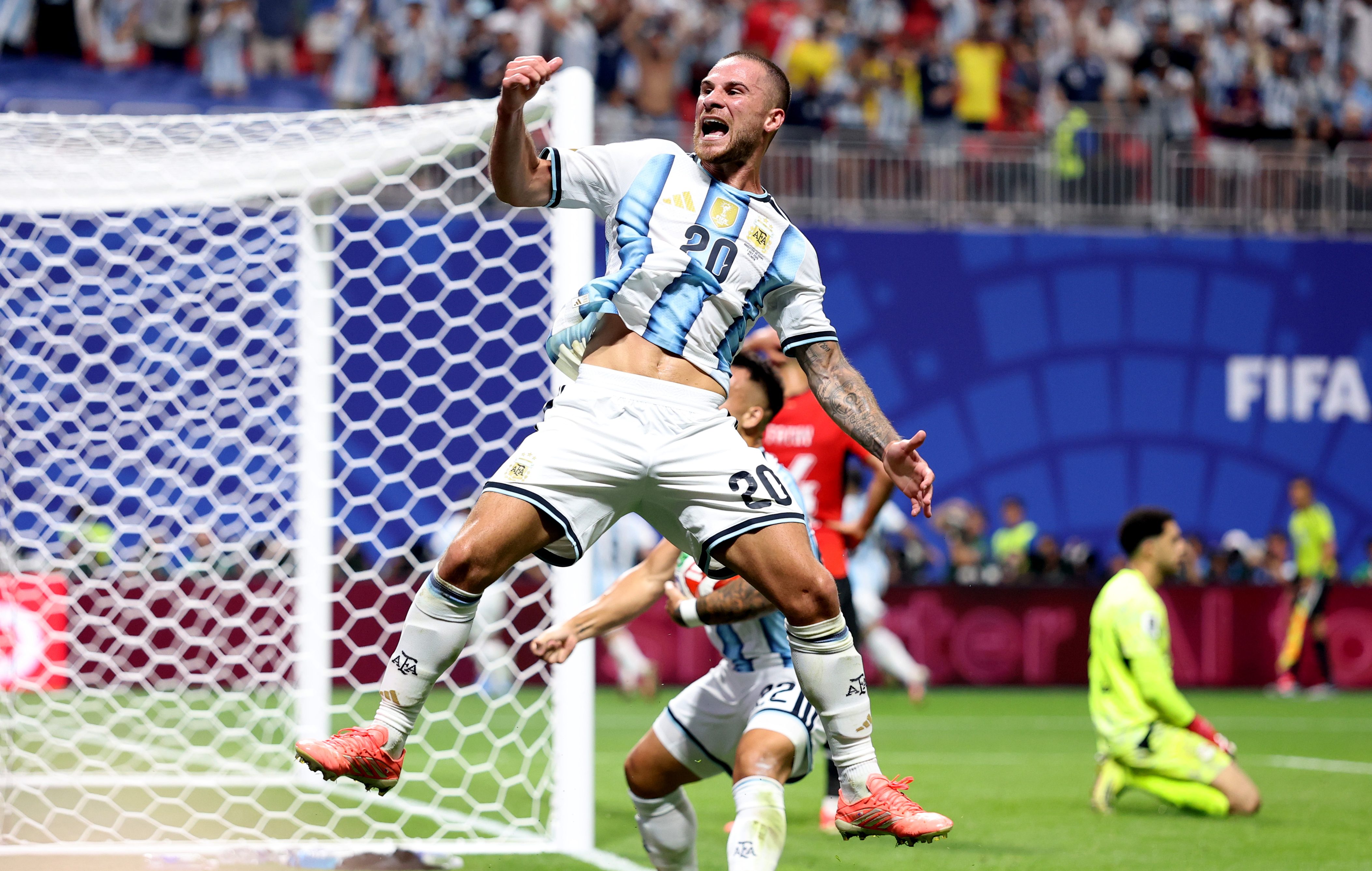 Alexis Mac Allister #20 of Argentina celebrates after the team's second goal by Lionel Messi #10 during the FIFA World Cup 2026 Round of 16 match between Argentina and Egypt at Atlanta Stadium on July 07, 2026 in Atlanta, Georgia.