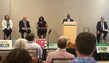 Candidates for St. Petersburg mayor Brandi Gabbard, Jim Large, Maria Scruggs, Ken Welch, and Kevin Batdorf take part in a Suncoast Tiger Bay debate.