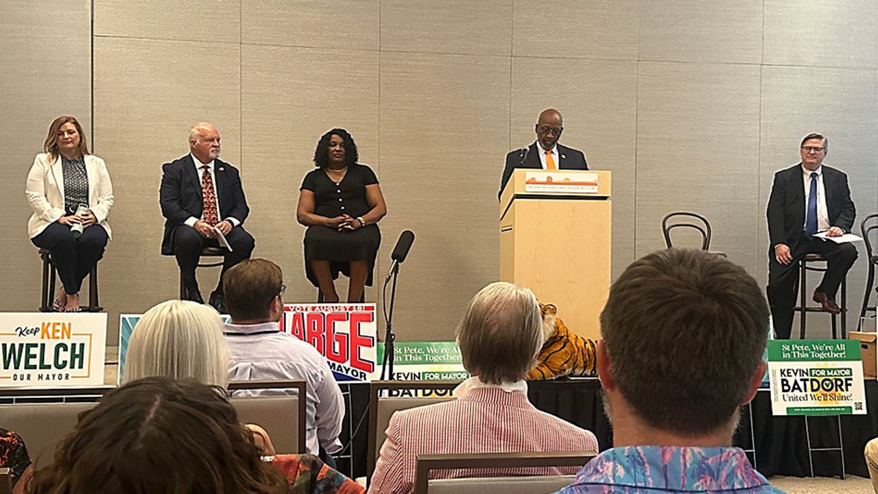Candidates for St. Petersburg mayor Brandi Gabbard, Jim Large, Maria Scruggs, Ken Welch, and Kevin Batdorf take part in a Suncoast Tiger Bay debate.
