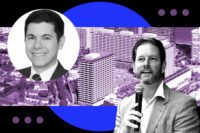 Bal Harbour Village Mayor Seth E. Salver, Whitman Family Development’s Matthew Whitman Lazenby with a rendering of Bal Harbour Shops at 9700 Collins Avenue in Bal Harbour