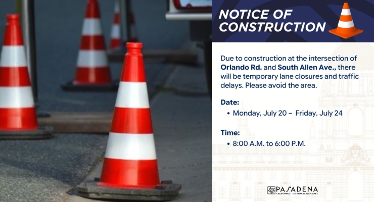 Lane Closures Will Affect South Allen Avenue at Orlando Road Starting Monday – Pasadena Now