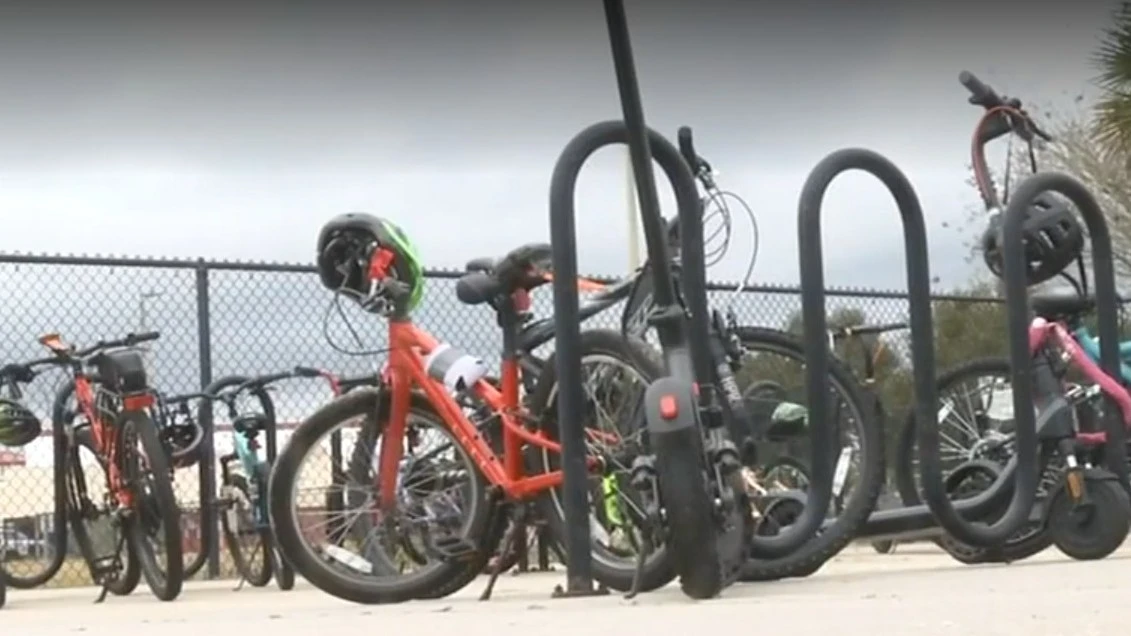 Bikes are lined up at racks in Fernandina Beach.