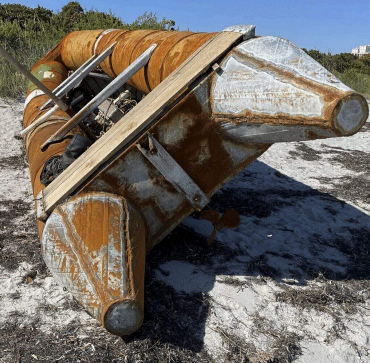 A homemade balsa washed ashore at Crandon Beach in Key Biscayne in 2022. It is now the centerpiece of the installation “Exile” by Antonia Wright and Ruben Millares.