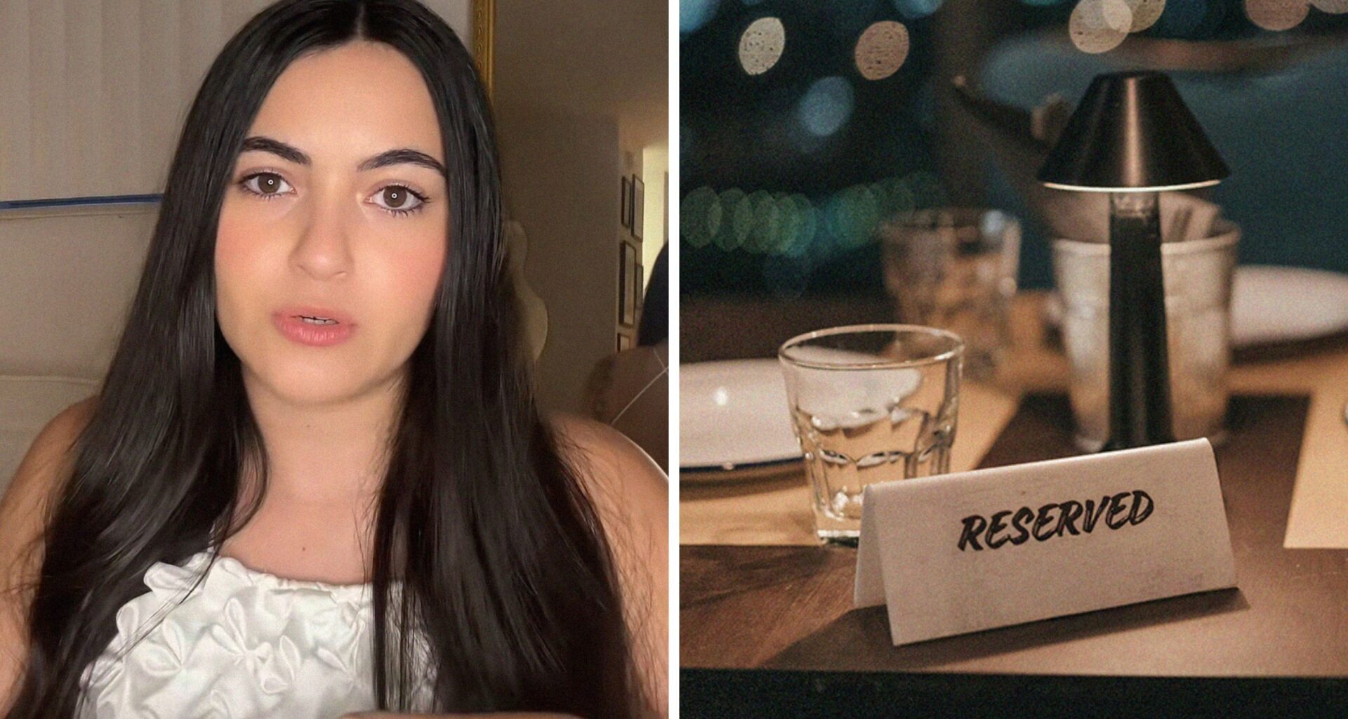 woman shares restaurant experience (l) reserved table at restaurant (r)