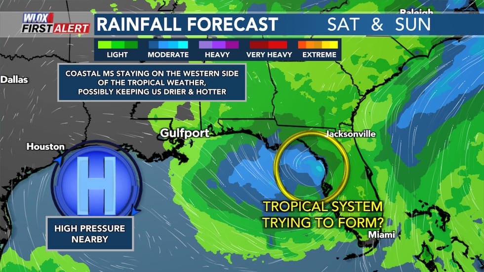 Weekend rain is expected to focus in the eastern Gulf, possibly keeping Mississippi on the...