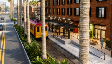 Rendering of the Gasworx development in Tampa showing the TECO streetcar, new mixed-use buildings and redesigned streetscape.
