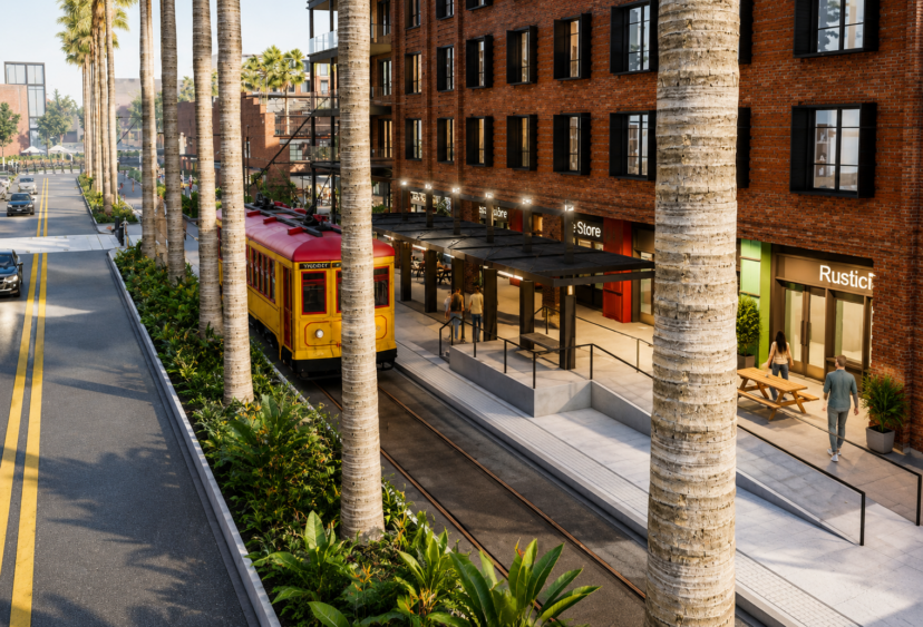 Rendering of the Gasworx development in Tampa showing the TECO streetcar, new mixed-use buildings and redesigned streetscape.