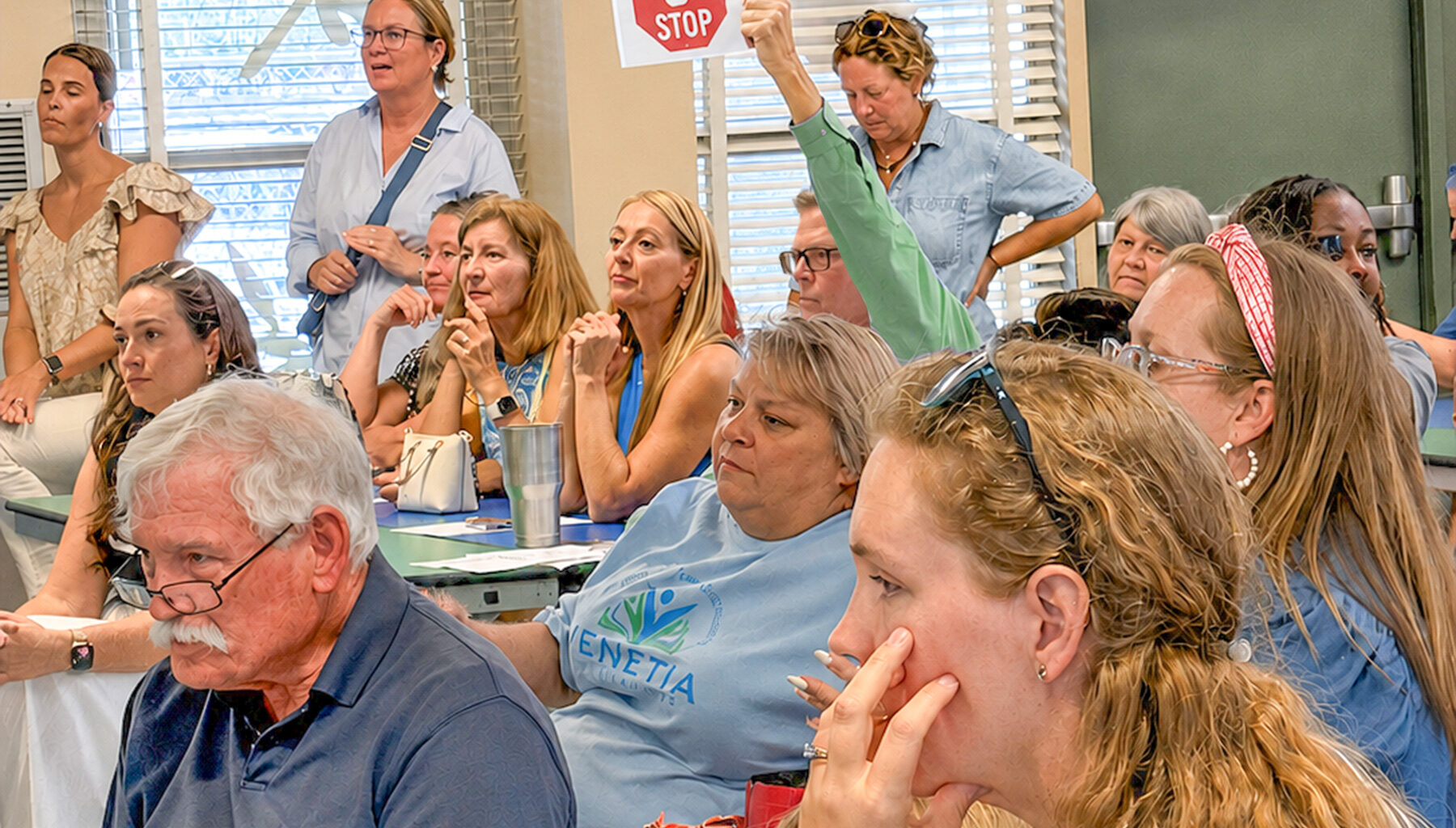 Residents pack the room at the July 16 meeting at Hyde Grove Elementary School, many of them in opposition to the proposed plans.