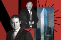Cirrus Real Estate Partners’ Joseph McDonnell, Brazilian developer Gilberto Bomeny and a rendering of what could be built on the downtown Miami development site