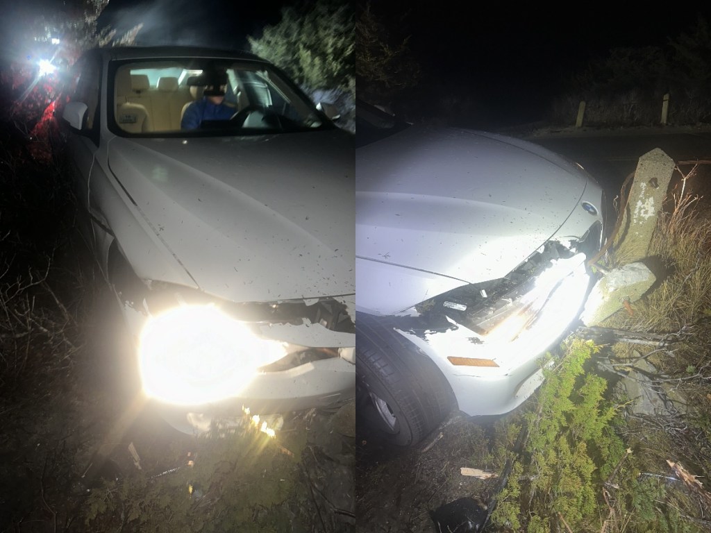 Photos of a mangled white BMW after a car crash.