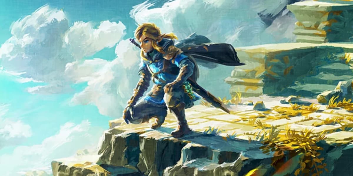 Link crouching on a cliff in 'Legend of Zelda Tears of the Kingdom'