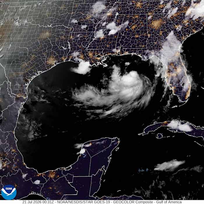 Tropical Storm Bertha in the Gulf of Mexico moving toward Florida Panhandle and Alabama