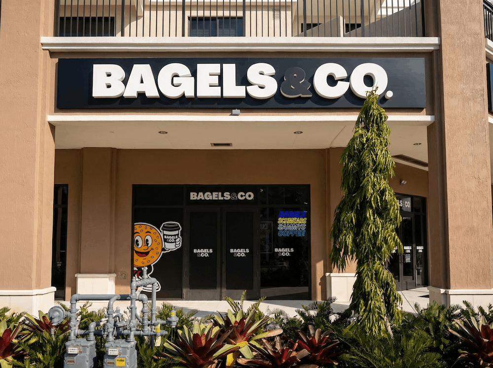 Exterior of the Bagels & Co. restaurant in Davie, Florida.