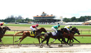 A group of racehorses gallop with their jockeys around a bend in the track. The Grandstand of Ellis Park frames the backdrop of the photo. (Photo: ©Coady Media)
