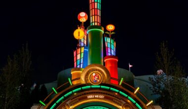 A colorful, illuminated Super Mario-themed entrance at Epic Universe, glowing with stars and coins for a perfect photo report.
