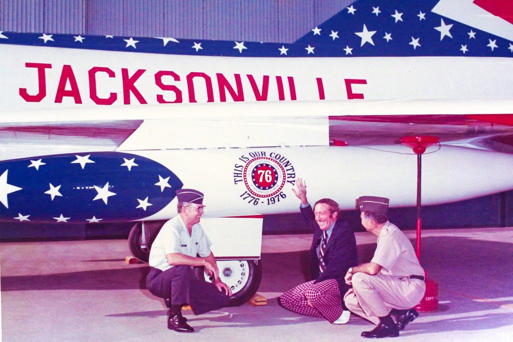 Bicentennial Commissioner George Linville poses with Florida Air National Guard pilots next to an Air Force F-106A fighter jet decorated for America’s Bicentennial. | Photo: George Linville Collection/Jacksonville History Center