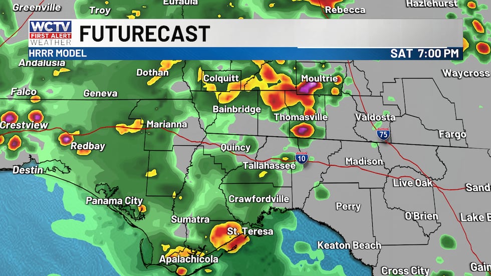 Showers continue for your Saturday evening after a midday lull of rain.