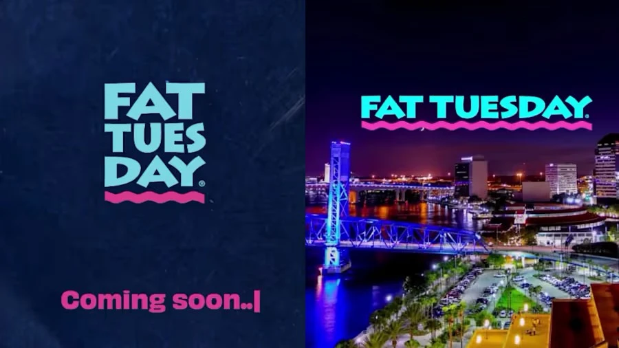 A Fat Tuesday advertisement, with the logo superimposed over the Jacksonville skyline.