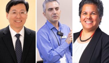 Collage of three portraits separated by white thin lines, from left to right: Ni-bin Chang, Reza Abdolvand and Clara Rivero Baleine