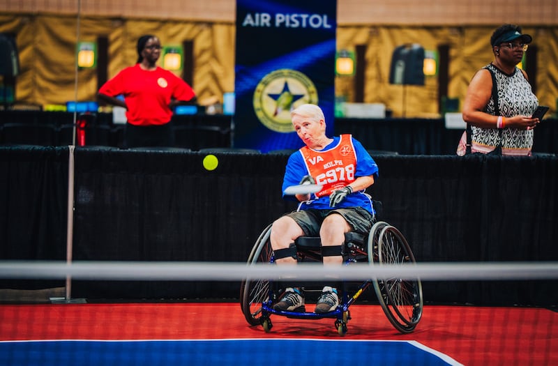 A veteran plays pickleball during the 2026 National Veterans Golden Age Games held in Tampa, Florida, from June 27 to July 2.