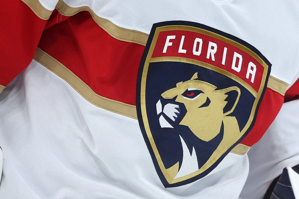 A detail of the Florida Panthers logo on a team sweater.