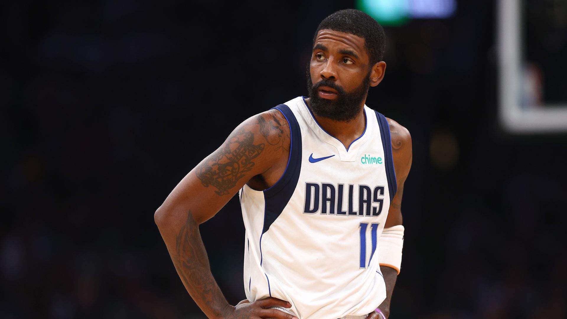 Kyrie Irving looks on during the first quarter against the Boston Celtics in Game Two of the 2024 NBA Finals at TD Garden on June 09, 2024 in Boston, Massachusetts.