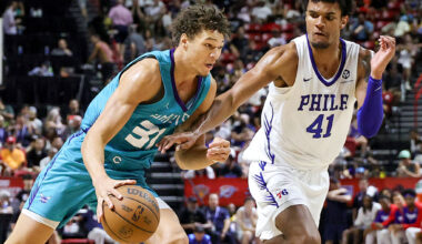 LAS VEGAS, NEVADA - JULY 12: Tidjane Salaun #31 of the Charlotte Hornets drives against Dominick Barlow #41 of the Philadelphia 76ers in the second half of a 2025 NBA Summer League game at the Thomas & Mack Center on July 12, 2025 in Las Vegas, Nevada. NOTE TO USER: User expressly acknowledges and agrees that, by downloading and or using this photograph, User is consenting to the terms and conditions of the Getty Images License Agreement. (Photo by Ethan Miller/Getty Images)