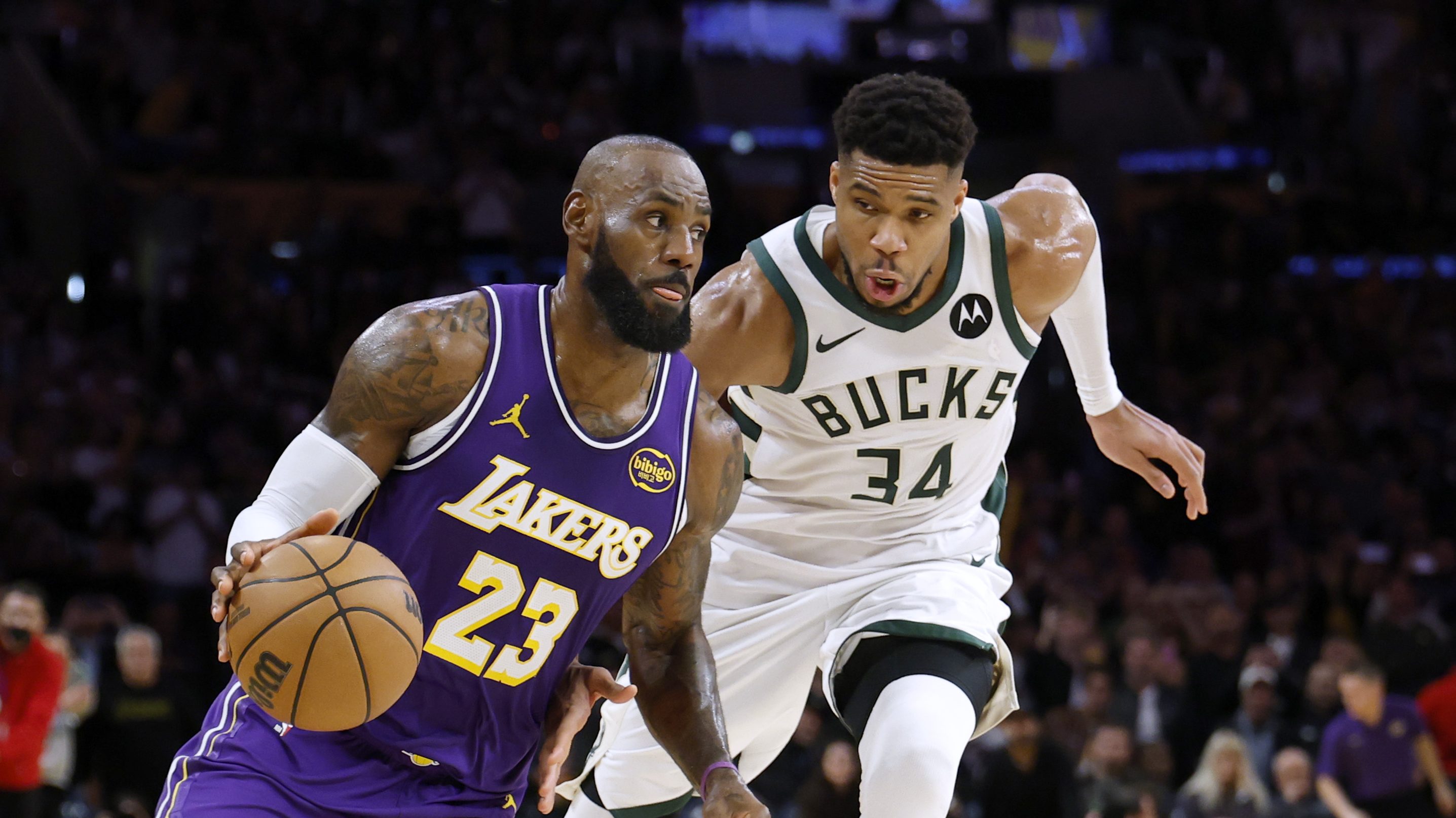 LeBron James, Los Angeles Lakers, Giannis Antetokounmpo, Milwaukee Bucks, Giannis blocks LeBron, LeBron James Lakers future, Giannis Antetokounmpo trade rumors, Luka Doncic, Austin Reaves, Lakers Bucks game, Lakers news, Luka Doncic fouled out