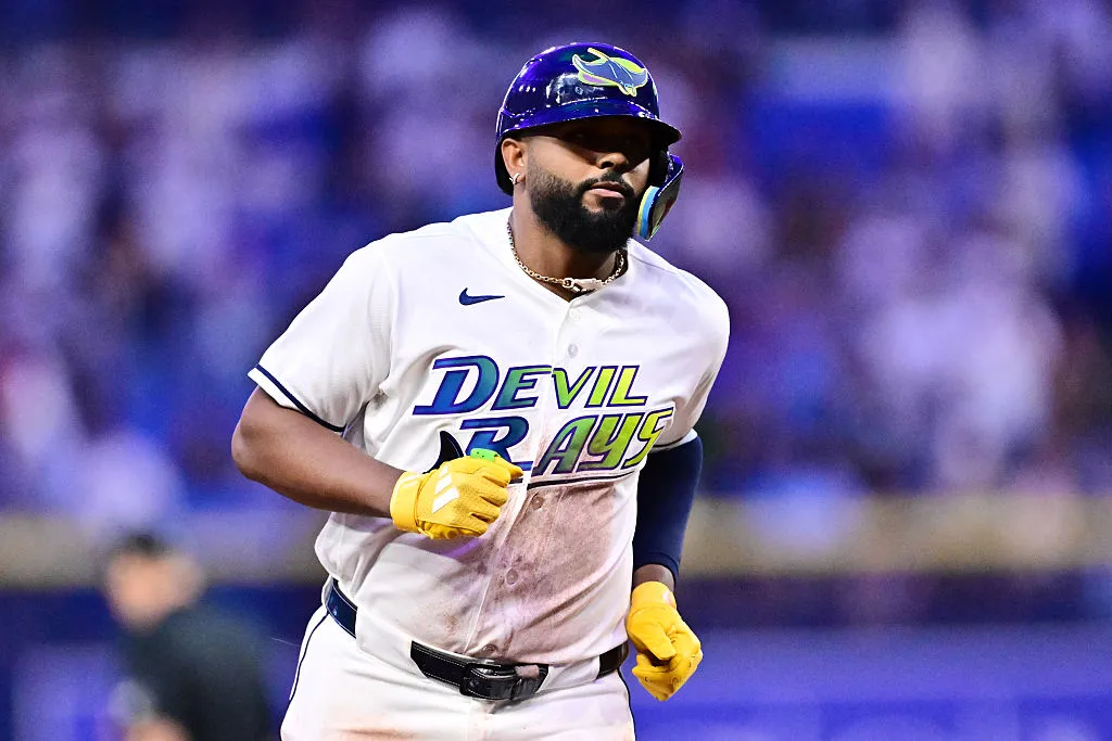 ST PETERSBURG, FLORIDA - APRIL 24: Junior Caminero #13 of the Tampa Bay Rays runs the bases after hitting a two-run home run in the seventh inning against the Minnesota Twins at Tropicana Field on April 24, 2026 in St Petersburg, Florida. (Photo by Julio Aguilar/Getty Images)