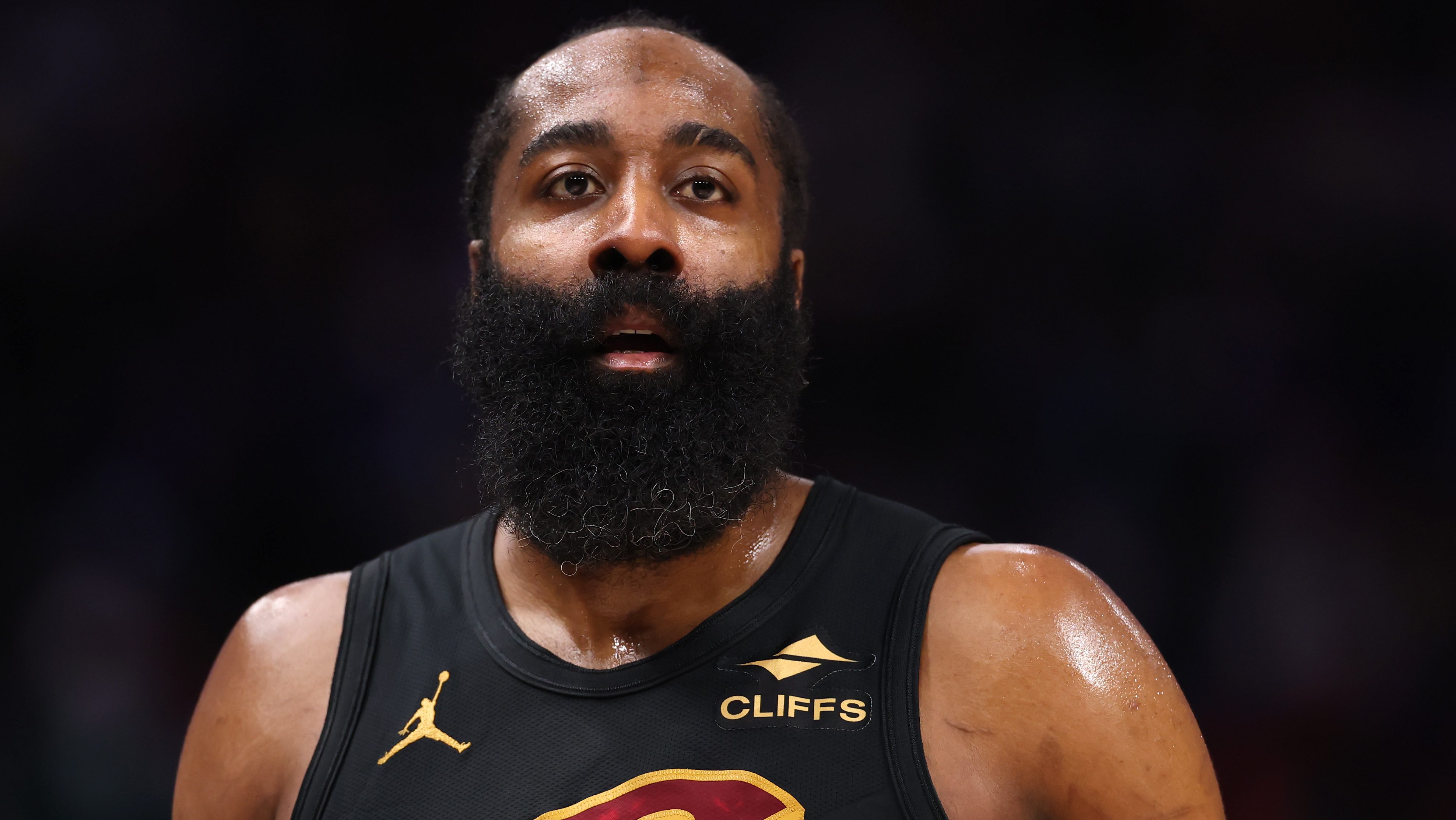 Close-up of Cavaliers guard James Harden during an NBA game.