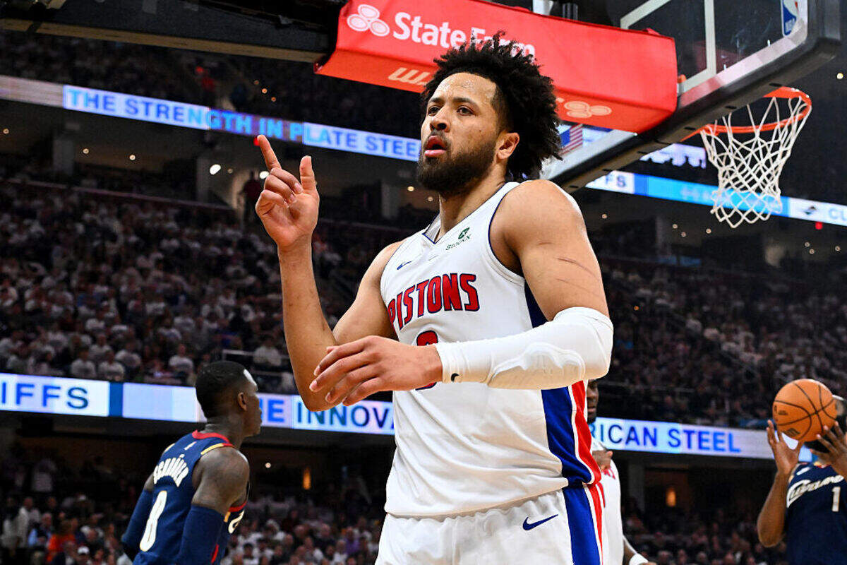 Cade Cunningham #2 of the Detroit Pistons celebrates a basket against the Cleveland Cavaliers during the second quarter in Game Four of the Second Round of the NBA Eastern Conference Playoffs at Rocket Arena on May 11, 2026 in Cleveland.