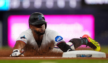 MIAMI, FLORIDA - JUNE 9: Otto Lopez #6 of the Miami Marlins during the game against the Arizona Diamondbacks at loanDepot park on June 9, 2026 in Miami, Florida. (Photo by Jasen Vinlove/Miami Marlins/Getty Images)