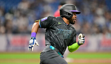 ST. PETERSBURG, FL - JUNE 27: Cedric Mullins #31 of the Tampa Bay Rays runs to first base after singling in the eighth inning during the game between the Arizona Diamondbacks and the Tampa Bay Rays at Tropicana Field on Saturday, June 27, 2026 in St. Petersburg, Florida. (Photo by Julio Aguilar/MLB Photos via Getty Images)