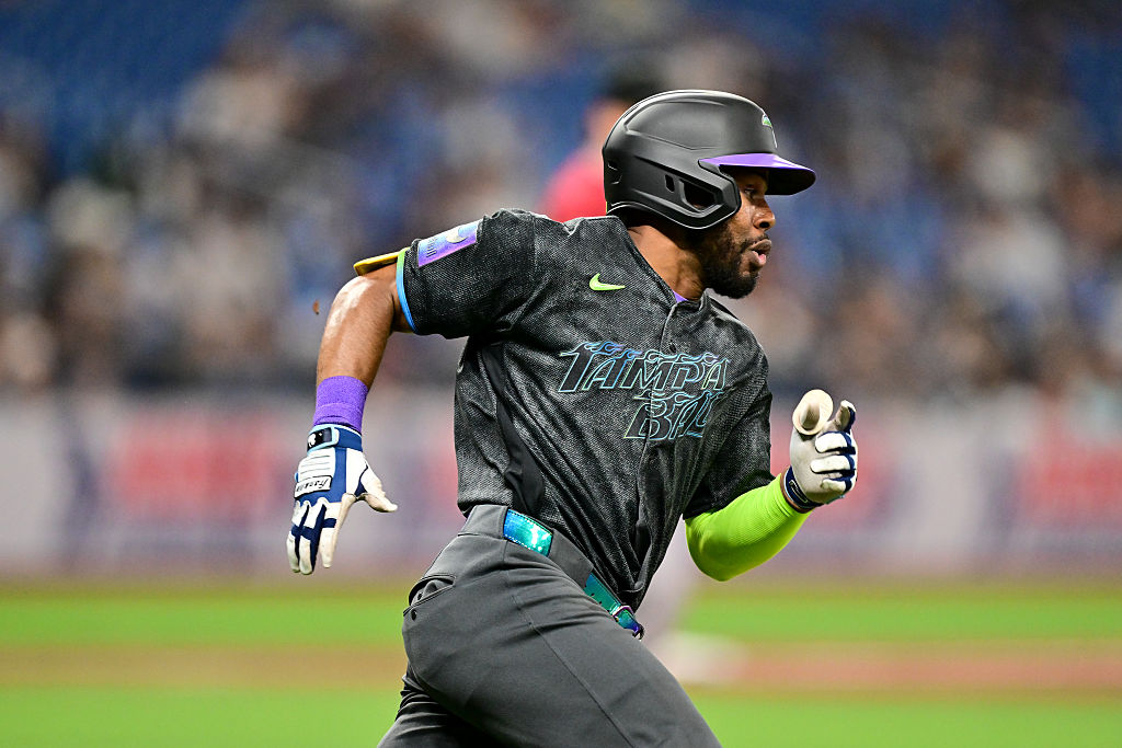 ST. PETERSBURG, FL - JUNE 27: Cedric Mullins #31 of the Tampa Bay Rays runs to first base after singling in the eighth inning during the game between the Arizona Diamondbacks and the Tampa Bay Rays at Tropicana Field on Saturday, June 27, 2026 in St. Petersburg, Florida. (Photo by Julio Aguilar/MLB Photos via Getty Images)
