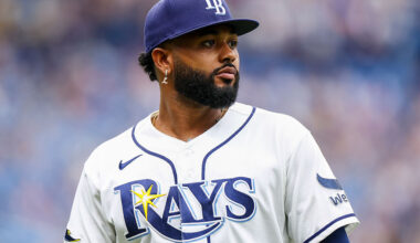 ST PETERSBURG, FLORIDA - JUNE 28: Junior Caminero walks off the field after the top of the seventh inning against the Arizona Diamondbacks at Tropicana Field on June 28, 2026 in St Petersburg, Florida.