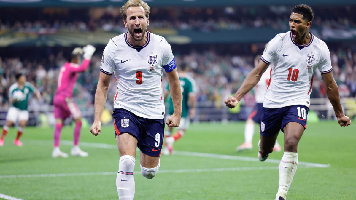 TOPSHOT - England's forward #09 Harry Kane celebrates scoring his team's third goal with England's midfielder #10 Jude Bellingham during the 2026 World Cup round of 16 football match between Mexico and England at the Mexico City Stadium in Mexico City on July 5, 2026. (Photo by Rodrigo Oropeza / AFP via Getty Images) TOPSHOT - England's forward #09 Harry Kane celebrates scoring his team's third goal with England's midfielder #10 Jude Bellingham during the 2026 World Cup round of 16 football match between Mexico and England at the Mexico City Stadium in Mexico City on July 5, 2026. (Photo by Rodrigo Oropeza / AFP via Getty Images)