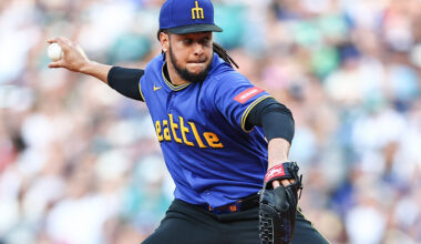 SEATTLE, WASHINGTON - JULY 03: Luis Castillo #58 of the Seattle Mariners pitches during the first inning against the Toronto Blue Jays at T-Mobile Park on July 03, 2026 in Seattle, Washington.