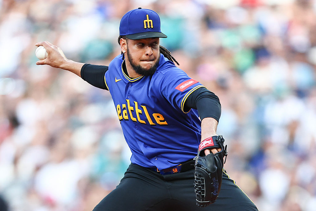 SEATTLE, WASHINGTON - JULY 03: Luis Castillo #58 of the Seattle Mariners pitches during the first inning against the Toronto Blue Jays at T-Mobile Park on July 03, 2026 in Seattle, Washington.