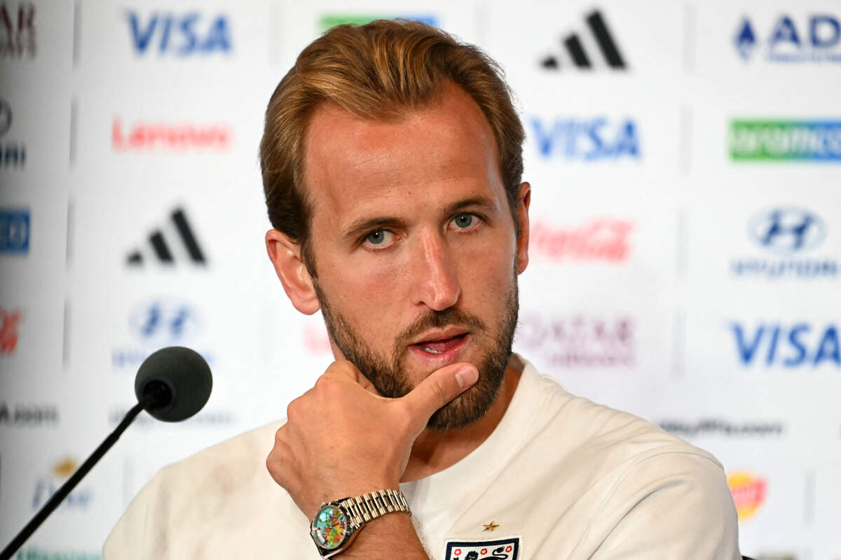 England's forward #09 Harry Kane gestures as he gives an MD-1 press conference at Miami Stadium in Miami on July 10, 2026, on the eve of the 2026 World Cup football tournament quarter-final match between Norway and England. (Photo by CHANDAN KHANNA / AFP via Getty Images)