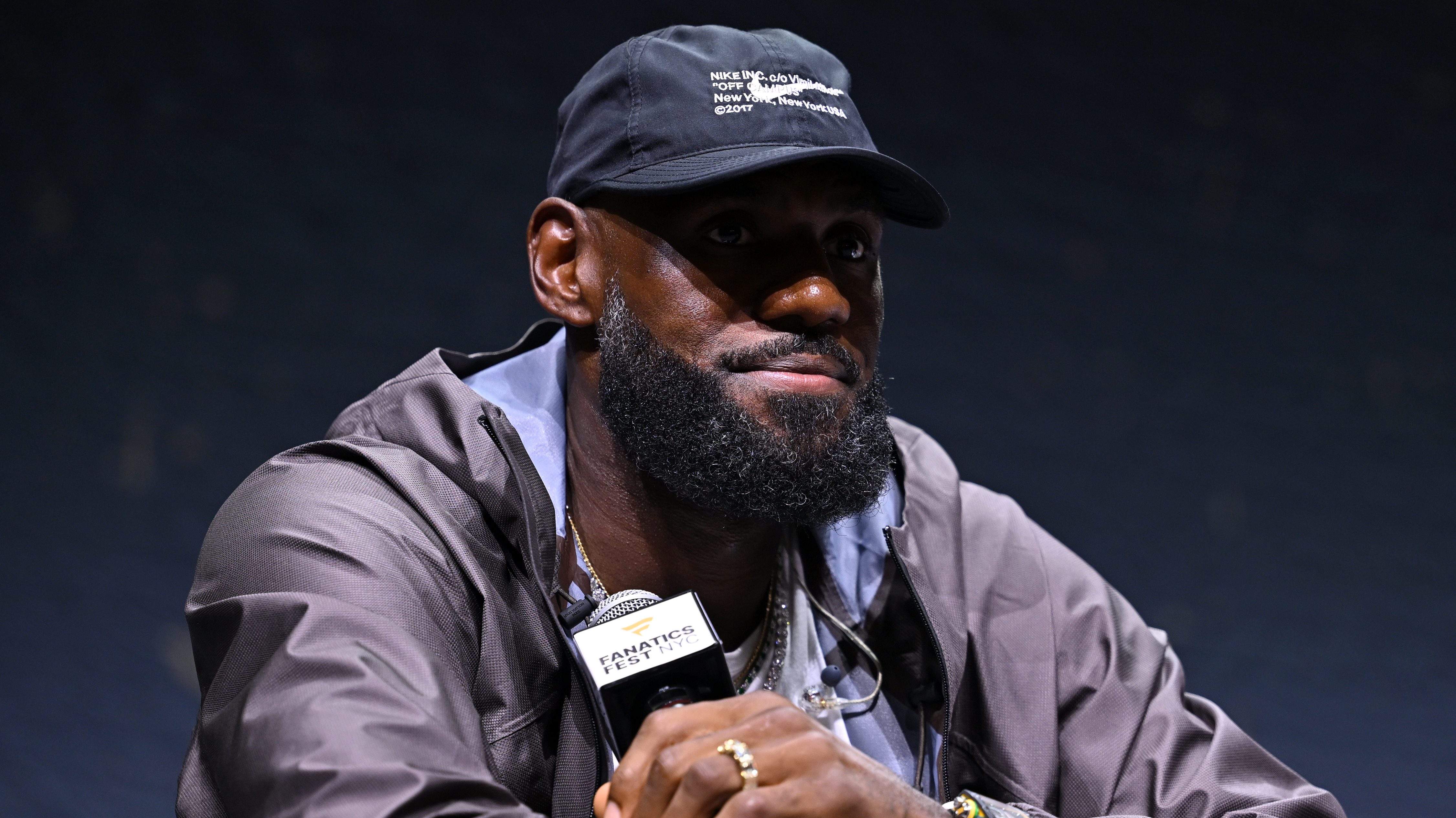 LeBron James speaks during an appearance at Fanatics Fest in New York.