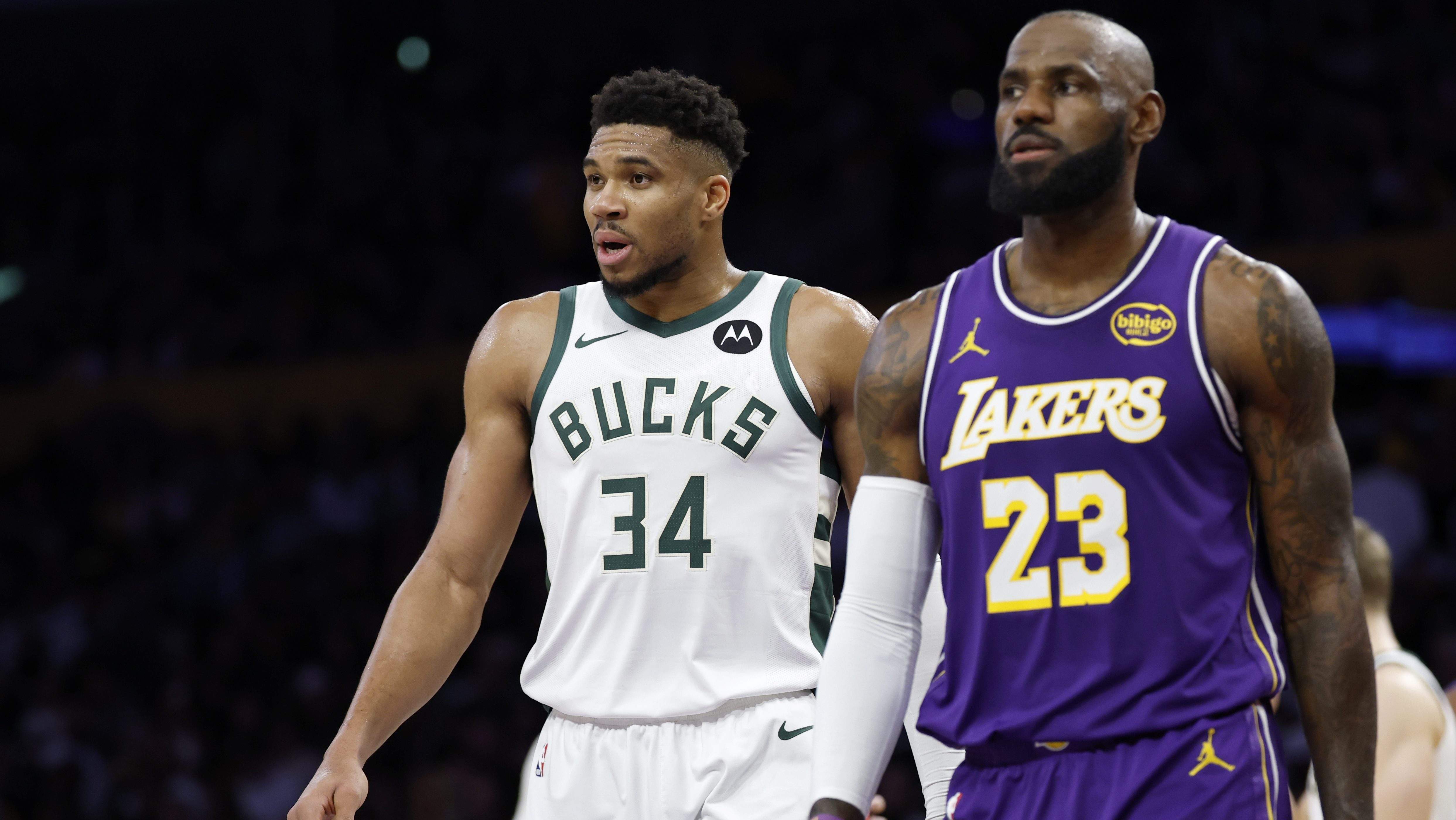 Miami Heat forward Giannis Antetokounmpo and Los Angeles Lakers forward LeBron James