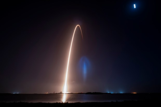 A SpaceX Falcon 9 rocket launches on a Starlink mission early Thursday, July 9, 2026, creating a "space jellyfish" effect in the predawn skies seen across Florida. (Courtesy/SpaceX)
