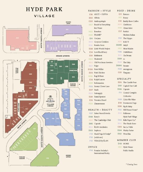 Hyde Park Village directory map showing retailers, restaurants and businesses in South Tampa