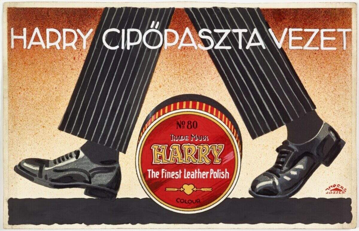 Design drawing, Harry cipöpaszta vezet (Harry Shoe Polish is in the Lead), c. 1925; Hungary, Budapest Gouache, watercolor, ink, and graphite on paper, 8 7/8 x 13 7/8 in.