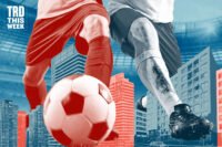 Football players playing over buildings